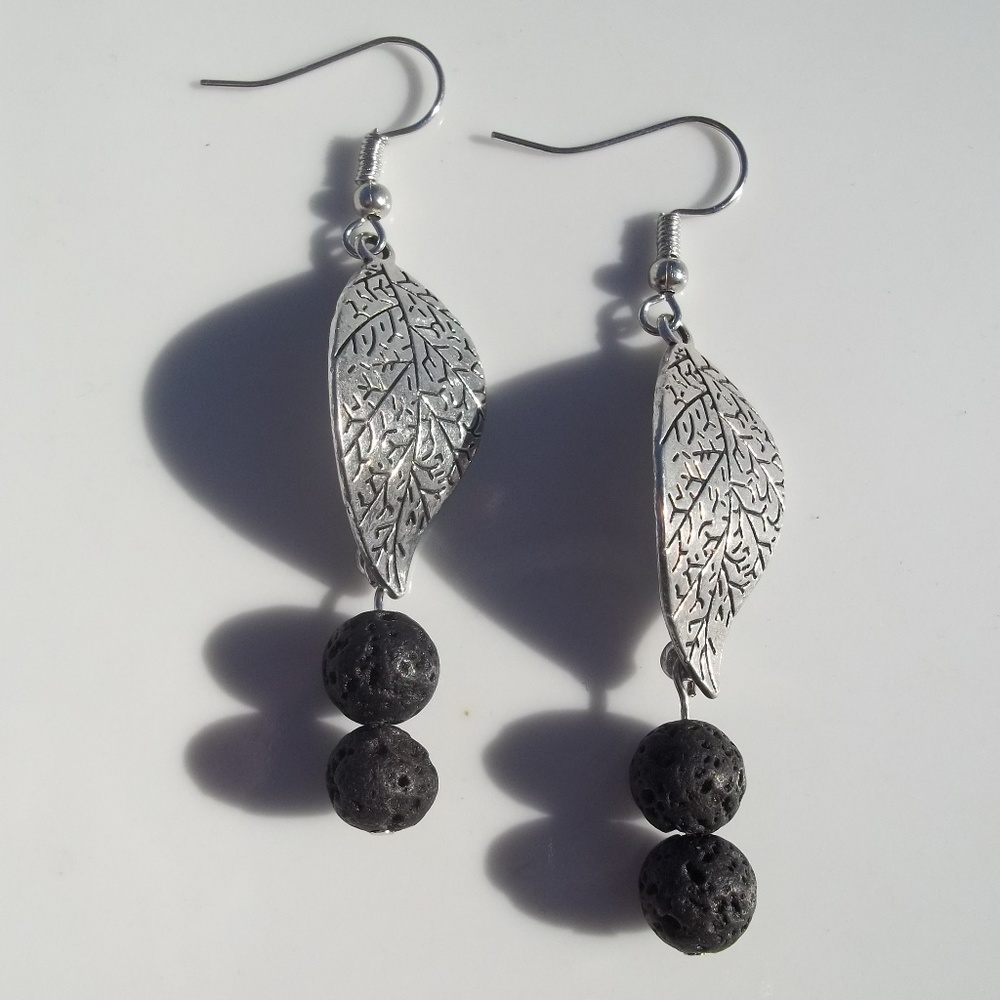 Silver Leaf Lava Bead Diffuser Earrings